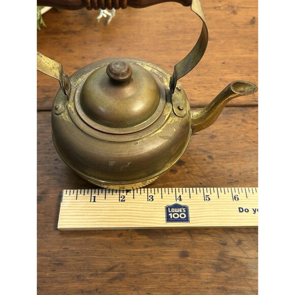 Small Vintage Brass Tea Kettle W/Wood Handle & Gooseneck Spout Patina READ - Picture 10 of 10